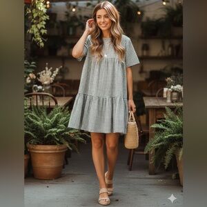 and April Gingham Tiered Mini Dress Linen Cotton Size M/L Cottagecore Gardencore